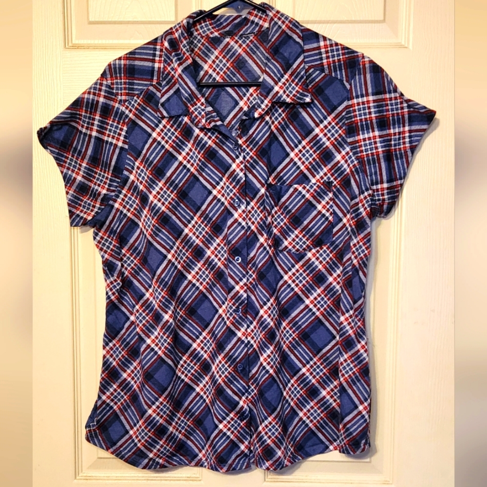 Women's short sleeve button front Red/White/Blue